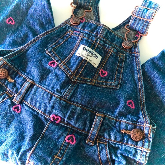 12 Month Denim Osh Kosh Overalls - Pink Hearts - Picture 3 of 8